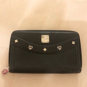 MCM Black Leather Wallet with Silver Detail